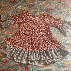 Kori Women's Patterned Ruffle Blouse - Red and Gray